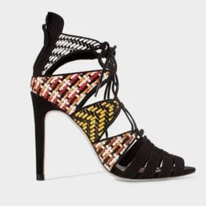 ZARA Lace-Up Heels EU 41 US 10 Black Aztec Woven Stiletto Sandals 4” Heel
